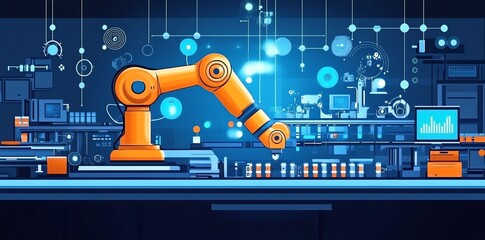 Fototapete - Robotic arm working in a futuristic factory setting with blue and orange color theme.