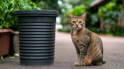 Cat Sitting Next to a Trash Bin in a Green Environment