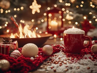 a festive outdoor holiday gathering with fire pits, hot cocoa, and string lights selective focus, wi