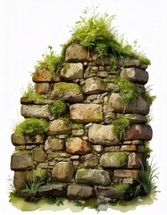 A close-up of an ancient stone wall overgrown with moss and grass, creating a rustic, natural texture perfect for backgrounds or nature themes.