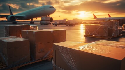 Cardboard boxes ready for air shipment at airport. Cardboard boxes wrapped in plastic sit on pallets, awaiting loading onto an airplane for international air cargo shipment at sunset.