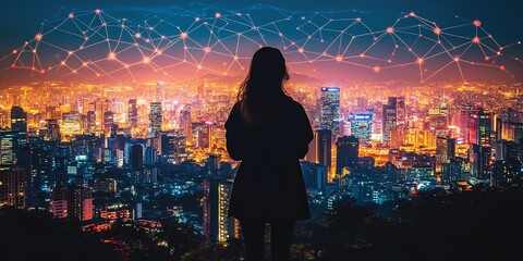 Aufkleber - Silhouette of woman standing in front of cityscape with glowing network lines above.