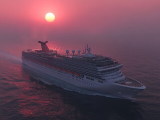 A cruise ship sailing into the sunset as part of a holiday travel package focus on, ocean voyage, ethereal, silhouette, tropical ocean backdrop