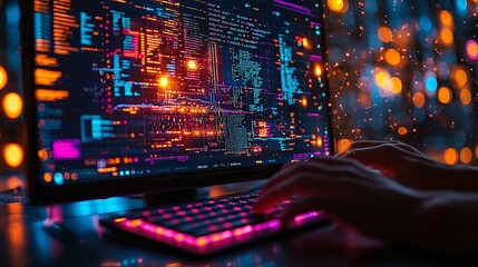 Hacker Typing Code on Computer with Colorful Lights in Dark Room