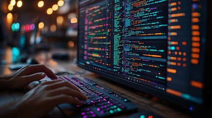 Programmer Typing Code on a Computer with Colorful Keys and Monitor