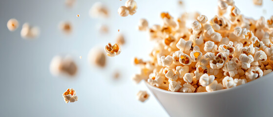 Delight in motion captivating closeup of popcorn kernels popping midair against a soft white background