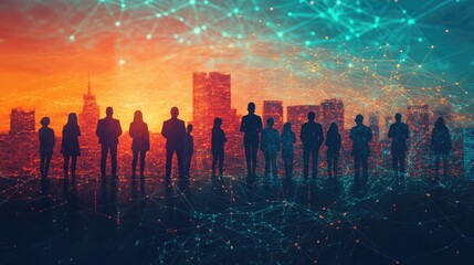 Silhouettes of people against cityscape. A powerful image illustrating teamwork, connectivity, and collaboration in a modern business setting.