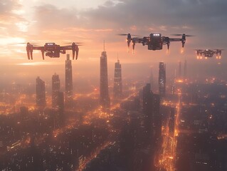 Fototapete - Three drones flying over a futuristic city skyline at sunset.