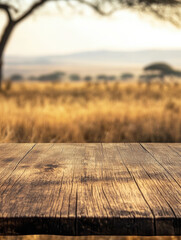 Canvas Print - A wooden table in a blurred landscape, suggesting a serene outdoor setting.