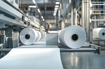 Leinwandbilder - Industrial Fabric Manufacturing Process with Rolls on Conveyor System : Generative AI