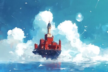 Wall Mural - Fantasy Castle Floating Above the Clouds.