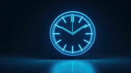 Modern neon clock design, glowing blue on dark background, showcasing time concept, futuristic aesthetics.