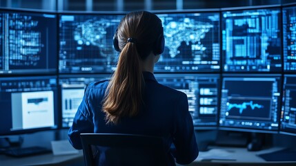Fototapete - A woman in a blue shirt and headphones sits in front of a wall of computer monitors displaying data and charts.