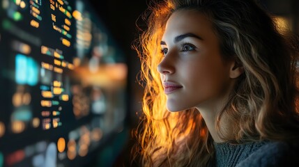 Fototapete - A young woman looks intently at a screen displaying data, her expression focused and thoughtful. She is illuminated by the warm glow of the screen, highlighting her features.