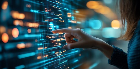 Fototapete - Close-up of a woman's hand interacting with a digital interface, navigating through data and information, highlighting the concept of technology and innovation.