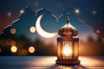 Ornamental Arabic lantern with burning candle glowing at night. Festive greeting card, invitation for Muslim holy month Ramadan Kareem, Eid Al Fitr, Eid Al Adha 