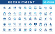 © Gravisio - Recruitment icon set with job opening, career opportunities, employment, recruitment, hiring, vacancies, job listings, application process, resume submission, candidate icon. Simple flat vector