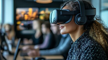 Aufkleber - A young woman wearing a VR headset and headphones in an office setting.