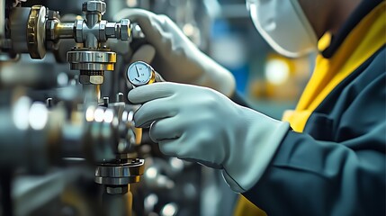 Aufkleber - Industrial Engineer in Protective Gear Examining Pressure Gauges and Valves in a Factory : Generative AI