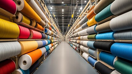 Aufkleber - Vibrant Textile Rolls Display in Modern Industrial Warehouse Interior View : Generative AI