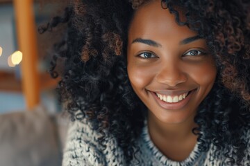 Black women with natural curly hair, smiling warmly in cozy settings, radiate beauty and elegance, perfect for lifestyle and beauty promotions.