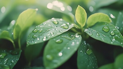 Aufkleber - Macro shot of fresh green leaves glistening with water droplets in a lush natural setting : Generative AI