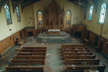 Wall Mural - Abandoned Church Interior with Stained Glass Windows and Damaged Floor