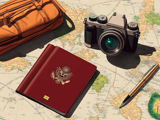 Travel essentials: camera, passport, map, and pen on a travel-themed backdrop.