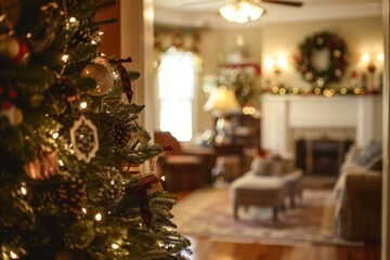 Wall Mural - A Christmas tree is lit up in a living room. The room is decorated with a wreath and other ornaments