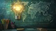 © Sinechana - 2410 76.A chalkboard with a glowing lightbulb drawn on it, representing the idea of innovative learning. Around the lightbulb, a detailed illustration of the world map emerges, symbolizing global