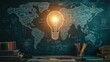 © Sinechana - 2410 76.A chalkboard with a glowing lightbulb drawn on it, representing the idea of innovative learning. Around the lightbulb, a detailed illustration of the world map emerges, symbolizing global