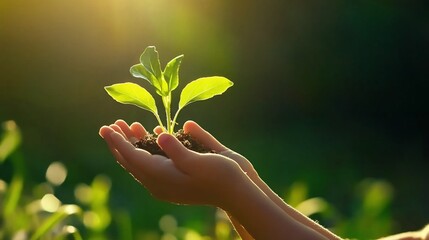 A small plant with green leaves is carefully held in the palms of two hands, with the sun shining brightly behind the plant.