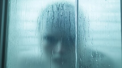 Wall Mural - a man is looking out of a window with rain on the glass