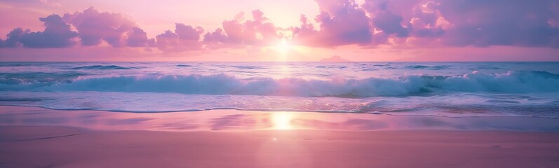 Aufkleber - A serene beach scene at sunset, featuring gentle waves, soft pink and purple clouds, and a tranquil atmosphere.