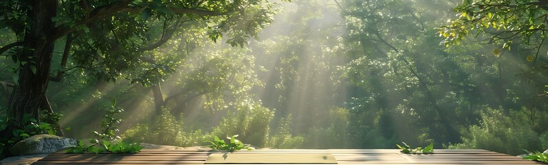 Poster - A serene forest scene with sunlight filtering through trees, creating a tranquil atmosphere and highlighting nature's beauty.