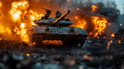 A tank is in the middle of a battlefield with a lot of fire and smoke