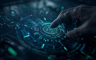 Poster - A futuristic interface with glowing circles and a hand touching a digital display, highlighting advanced technology and interaction.