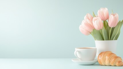 Wall Mural - A white coffee cup sits on a table next to a vase of pink flowers