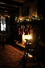 Wall Mural - Silhouette of a cozy fireplace with stockings hanging on the mantel.