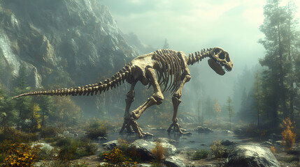 Dinosaur Skeleton in Misty Forest Landscape