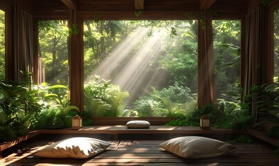 Aufkleber - A tranquil interior space with soft cushions and sunlight streaming through large windows, surrounded by lush greenery.