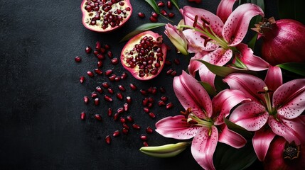 Canvas Print - A graceful arrangement of pink lilies with scattered pomegranate seeds, softened by a delicate focus, evoking a sense of refinement.