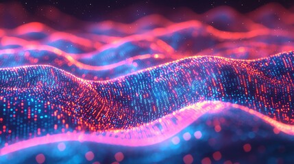 Fototapete - Abstract digital wave background with glowing particles.