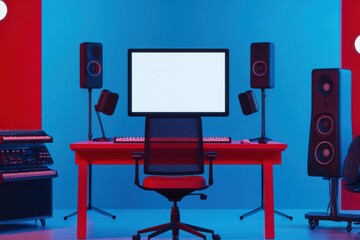 Modern music studio setup featuring a sleek desk, ergonomic chair, and vibrant blue and red lighting.