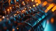 © andyaziz6 - Close-up of a complex network of cables and connectors with glowing lights in the background.