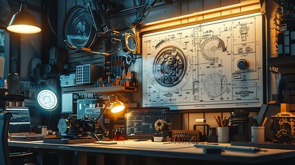 Poster - A dimly lit workshop filled with tools, a detailed wall map, and various objects, creating a mysterious and creative atmosphere.