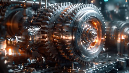 Poster - A close-up view of intricate and gleaming mechanical gears, showcasing detailed craftsmanship and a futuristic aesthetic.