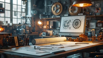 Aufkleber - The image depicts a cozy workshop with tools, blueprints, and a computer, reflecting creativity and craftsmanship in a well-lit, organized space.