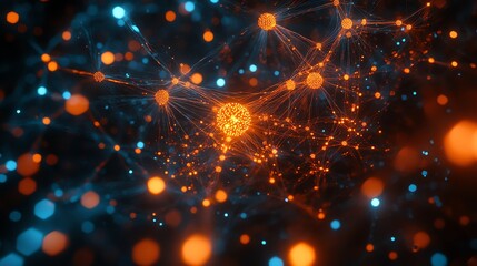 Fototapete - Abstract glowing network with orange and blue lights on a dark background.