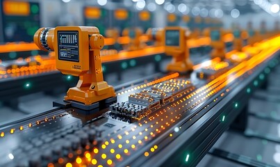 Aufkleber - A vibrant industrial scene featuring robotic arms on a conveyor belt, showcasing advanced automation and smart technology.